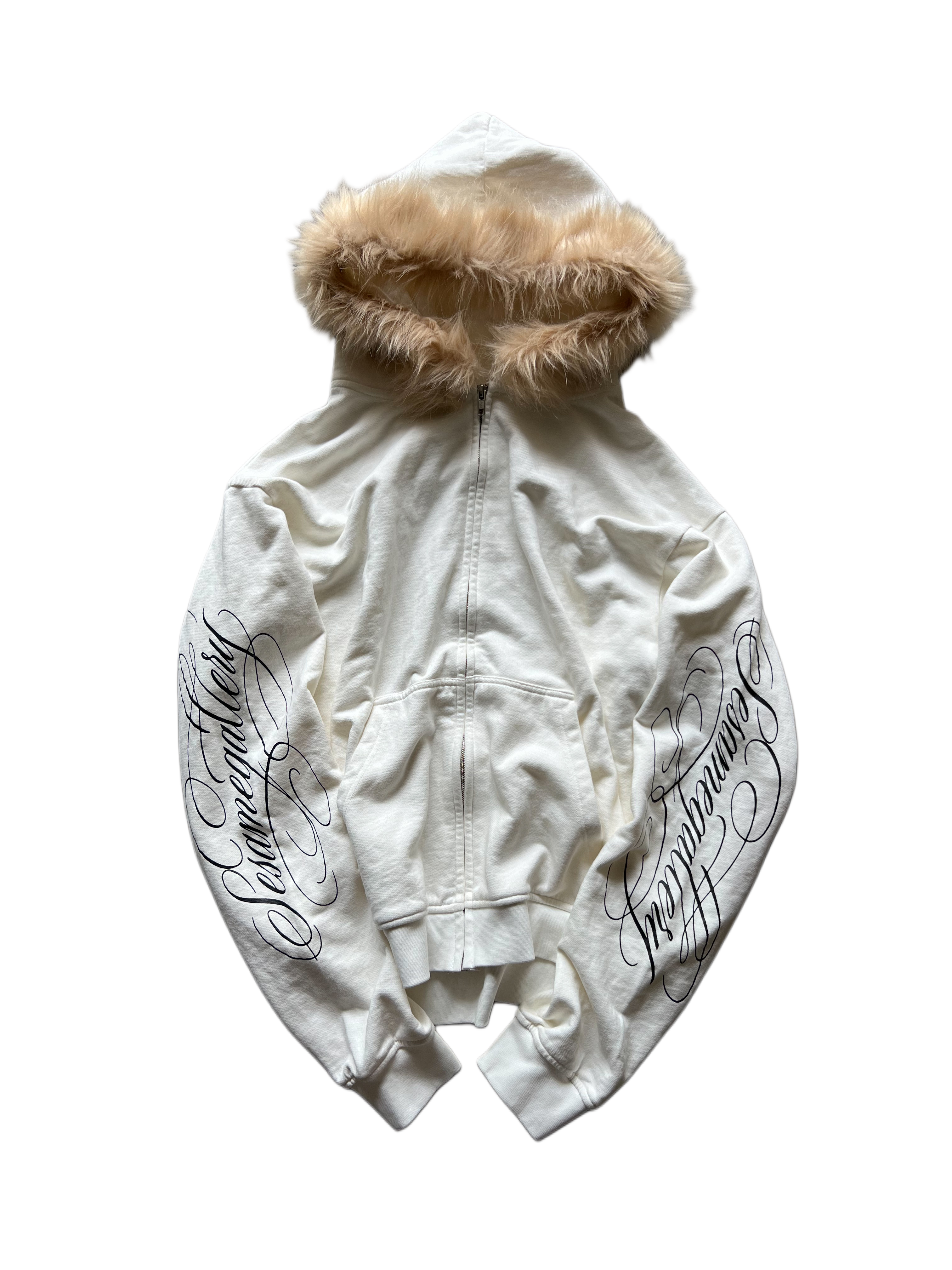 "signature II" fur hood zip up white